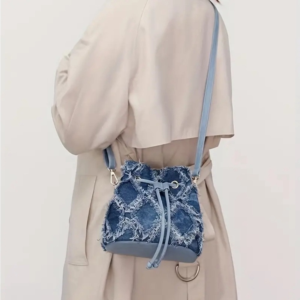 Blue denim mini crossbody bucket bag